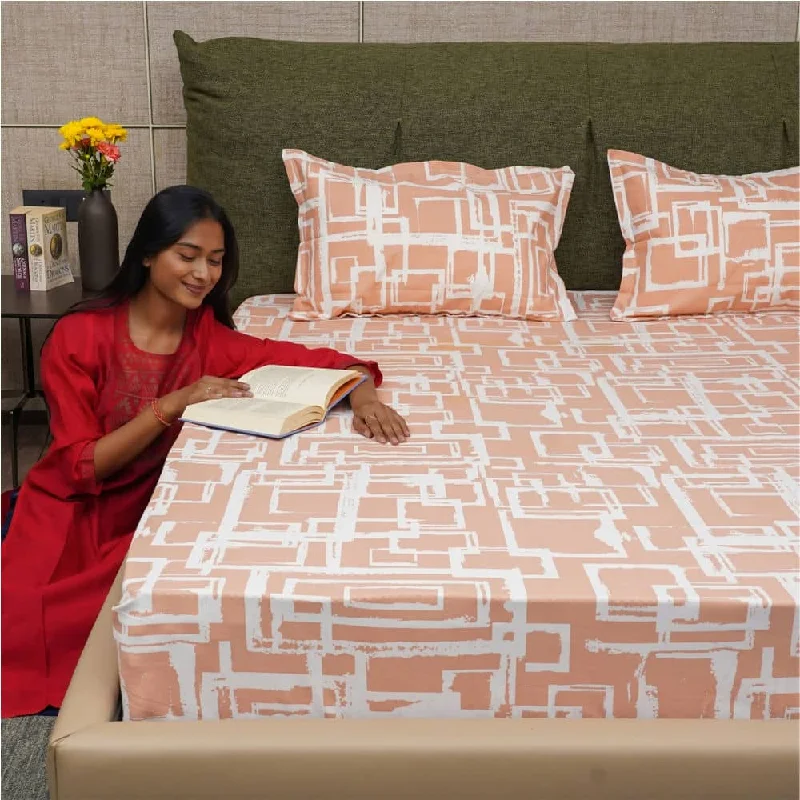 Serene Collection - Breathable 200 TC 100% Pure Cotton Bedsheet with Pillow Cover, Checkers - Peach