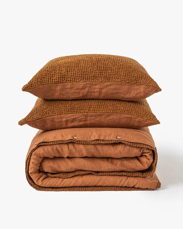 Cinnamon reversible waffle linen duvet cover set (3 pcs)