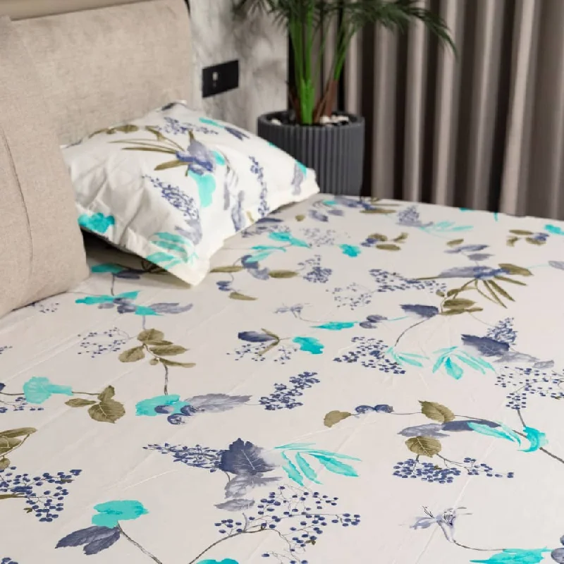 Fitted King Size Cotton Bedsheet - Cherry Blossom- Blue