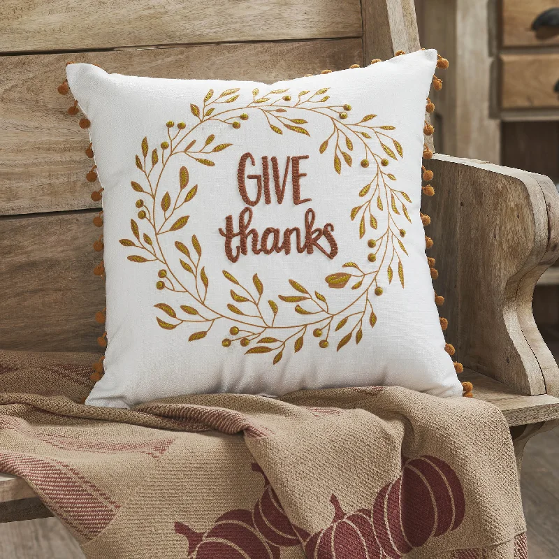 Give Thanks Wreath Pom Pom Pillow 18x18