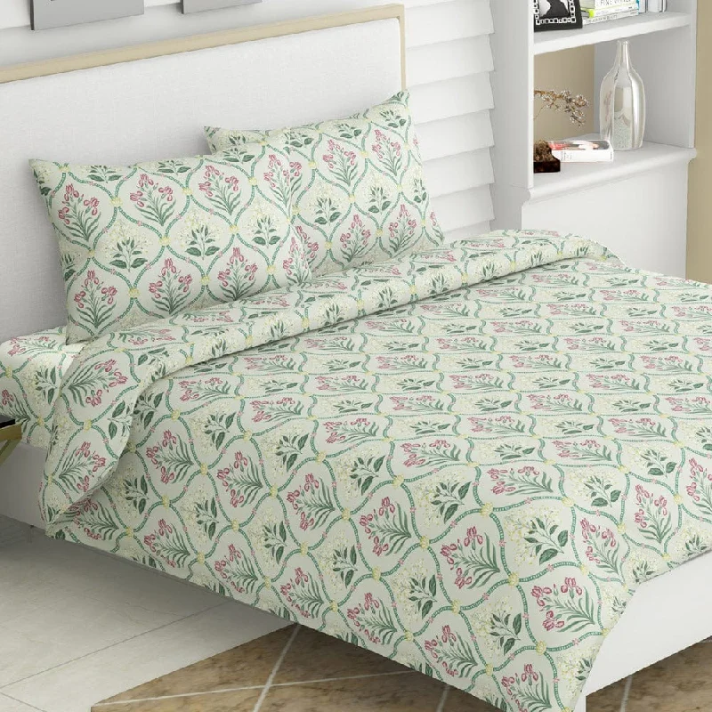 Green Blossom, 100% Cotton Double Size Bedsheet, 186 TC