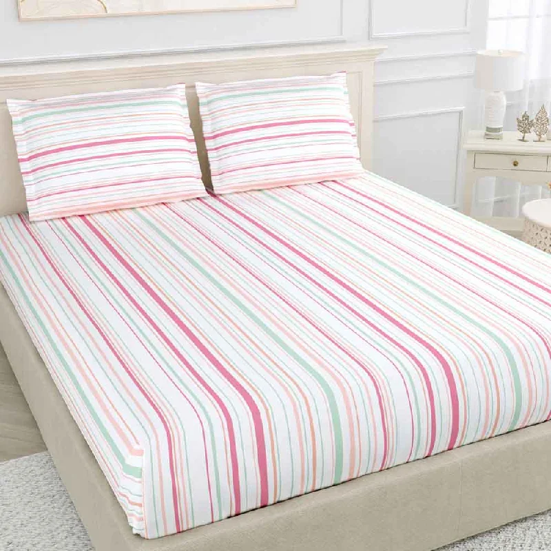 Magical Stripes 100% Cotton King Size Bedsheet, 186 TC, Pink and Green