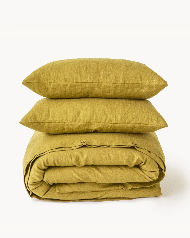 Moss yellow linen duvet cover set (3 pcs)