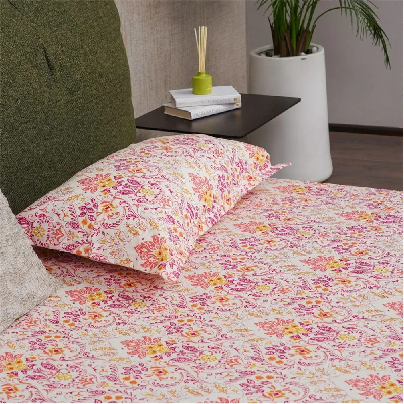 Regal Collection - Breathable 200 TC 100% Pure Cotton Bedsheet with Pillow Cover, Mughal Garden-Peach