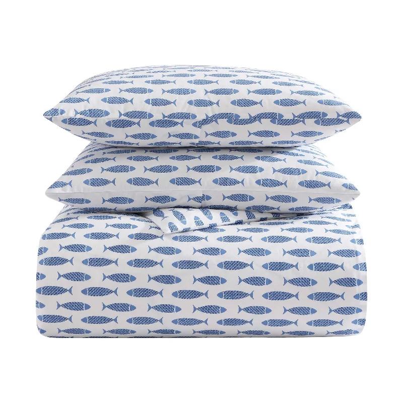 Nautica Woodblock Fish Blue King Duvet Cover Set