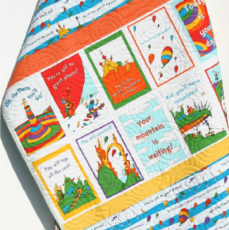 Oh the Places You'll Go Dr Seuss Bright Baby Quilt, Nursery Bedding, Baby Blanket