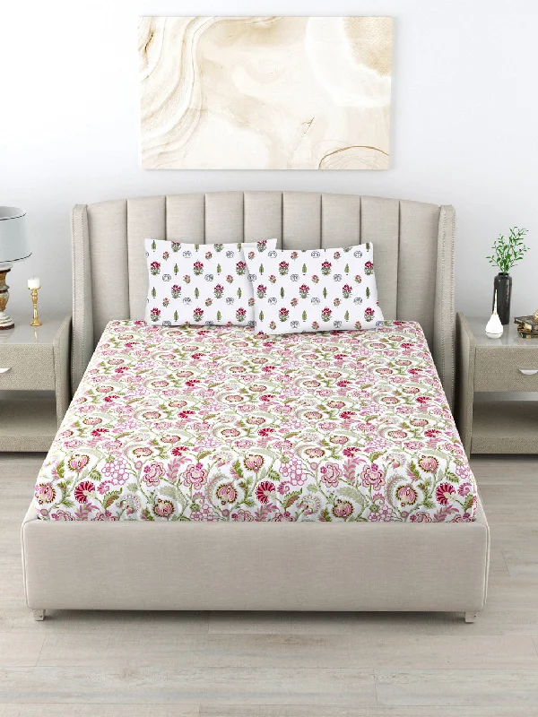 220 TC 100% Cotton Printed Bedsheet with Pillow Covers - Creeper Pink