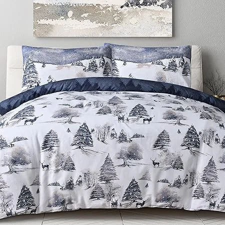 Sleepdown Navy Winter Scene Brushed Cotton Single Duvet