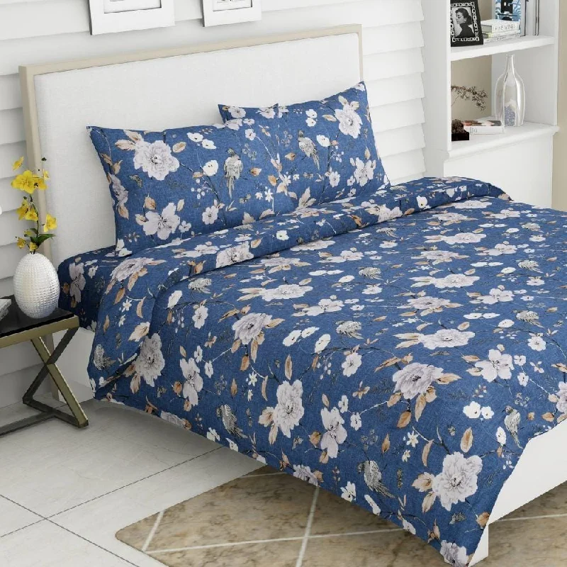 Spanish Floral Patio,100% Cotton King Size Bedsheet, 186 TC, Blue