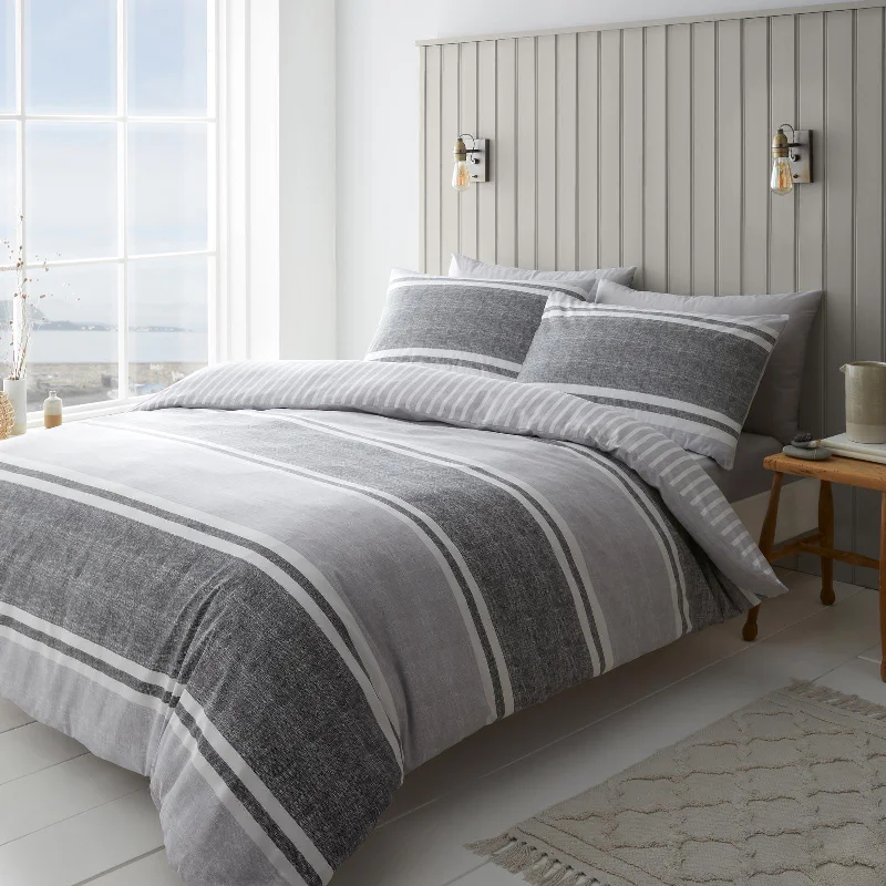 Textured Banded Stripe Duvet Cover Set Charcoal