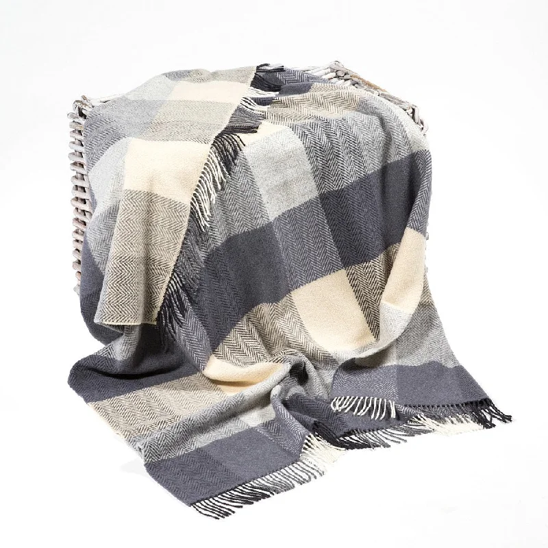 Cashmere Throw Cream Grey Large Block Herringbone